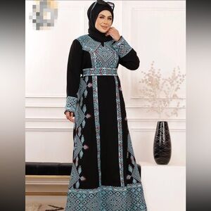 Embroidered Palestinian Thobe Maxi Dress | Black & Blue | Modest Wear